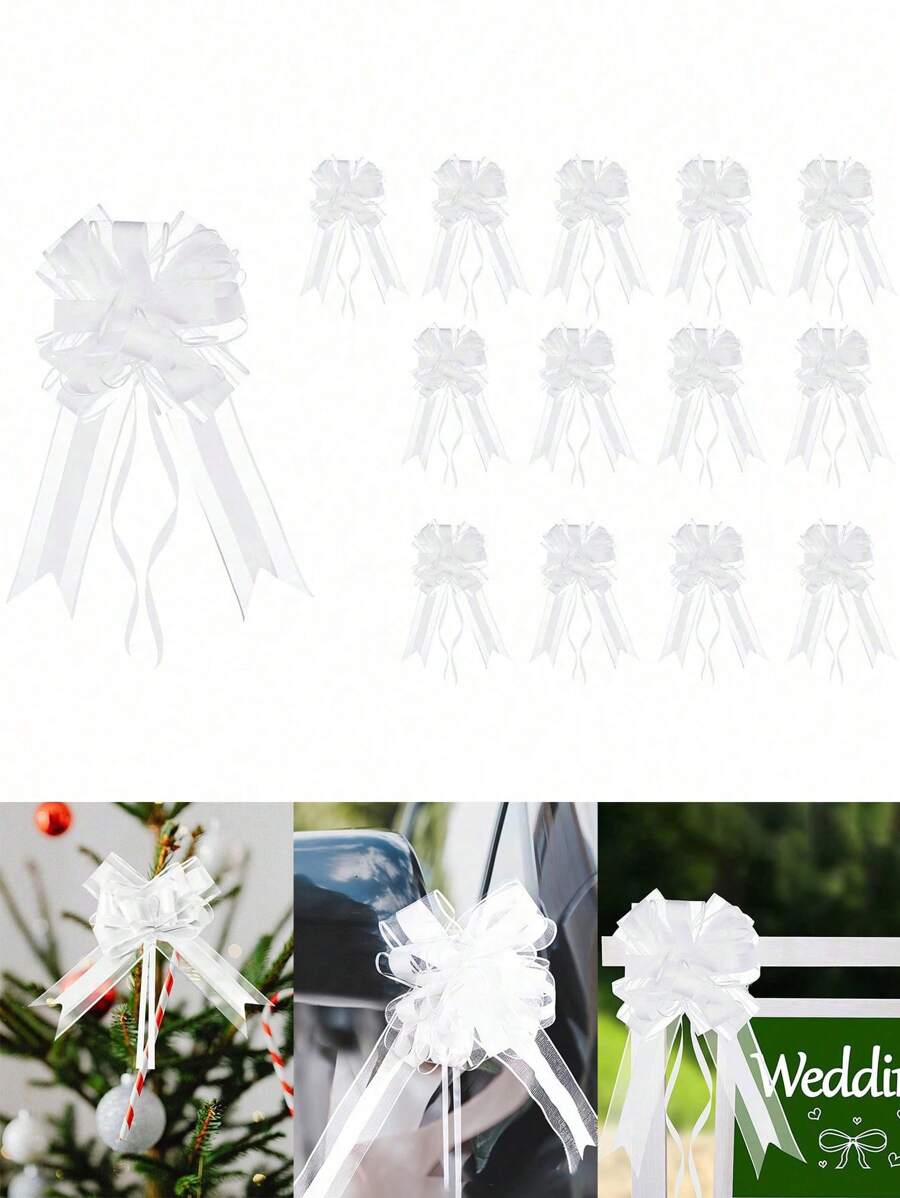 10 pièces - Fleur de ruban à tirer pour voiture de mariage, décoration pratique d'emballage-cadeau Fleur blanche 3D, fleur de décoration de poignet de mariée et de demoiselle d'honneur pour thème de mariage DIY, fleur de fixation de rideau, de nappe, de bonbons, de panneau, d'emballage-cadeau de fête d'anniversaire de mariage, de décoration de chambre, de Noël, de Thanksgiving, fournitures de décoration artisanale DIY