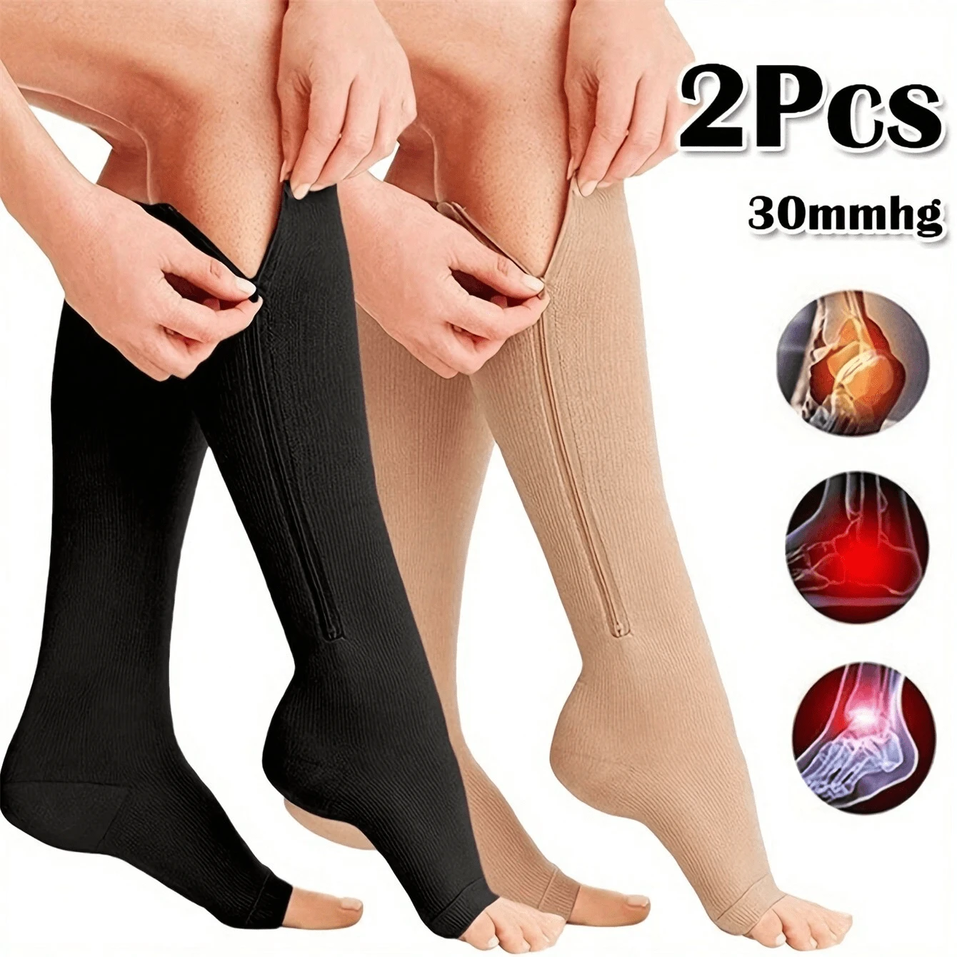 Sports Outdoor Women's Toeless Compression Socks - 20-30mmHg Knee High Support Stockings, Side Zip Knee High Socks, Open Toe Design For Comfort And Breathability