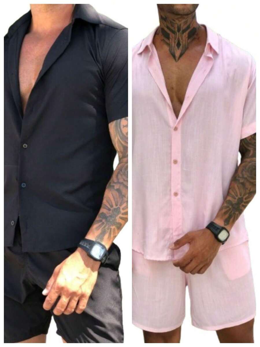 2kit Conjunto Masculino de Linho Social Camisa botão e Bermuda Linho