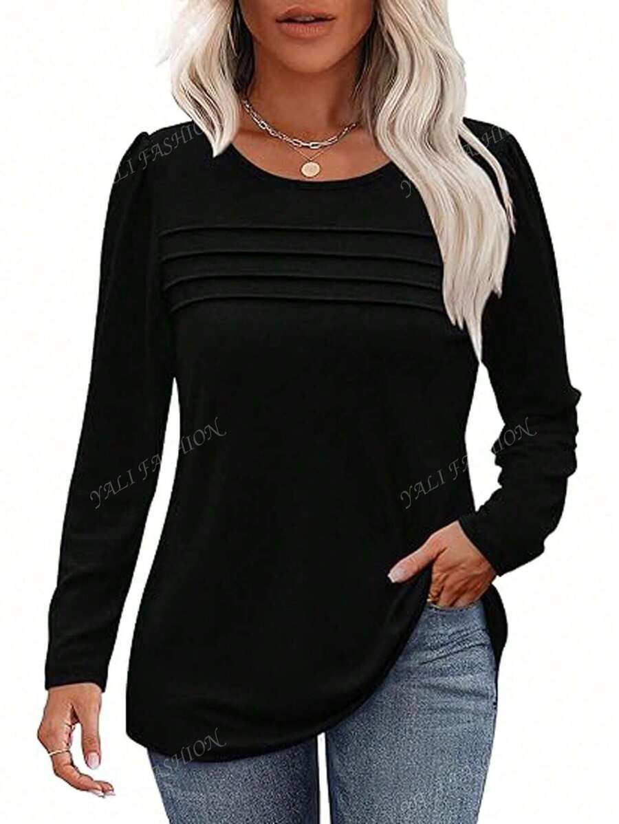 Women's Long Sleeve Blouse Autumn Fashionable Casual Shirt Pleated Tie-Waist Tops