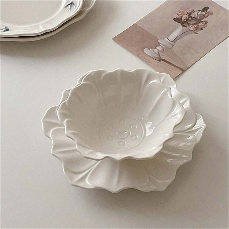 1pc Vintage Embossed Sweet Dessert Bowl, Japanese Style Solid Color Lotus Leaf Bowl, Ceramic Breakfast Bowl Set Christmas Gift,School Supplies