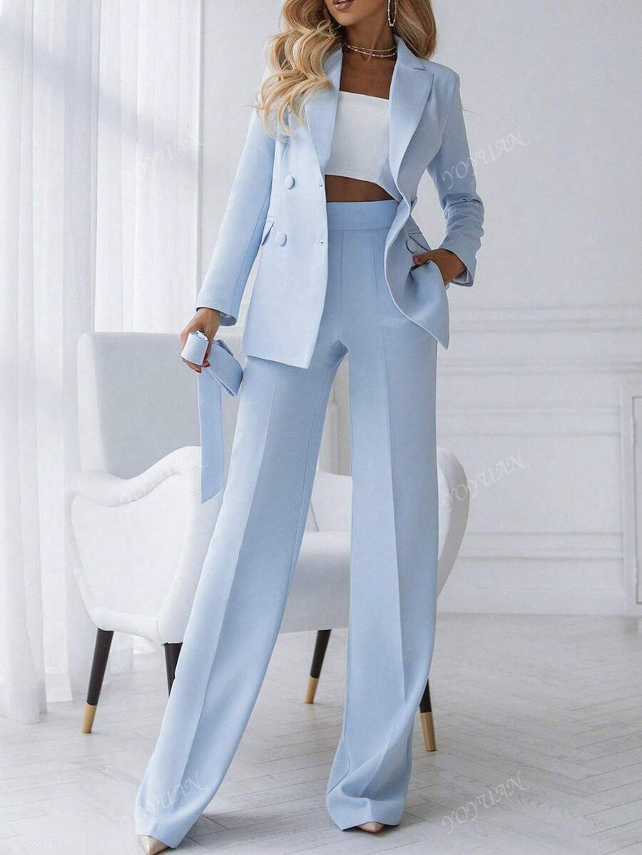 Spring & Fall Solid Color Notched Lapel Double-Breasted Pocket Straight Leg Suit Pants