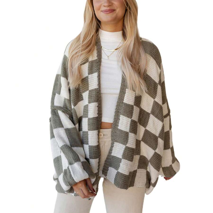 Women's Knit Cardigan Plaid Print Long Lantern Sleeve Open Front Loose Fall Sweater Jacket