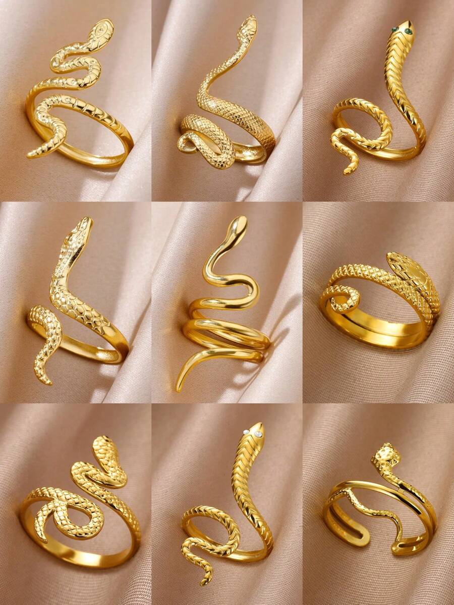 1 st. Gouden Kleur Roestvrijstalen Slangenringen Voor Vrouwen Mannen Open Verstelbare Ring Vintage Gotische Punk Feest Esthetische Sieraden