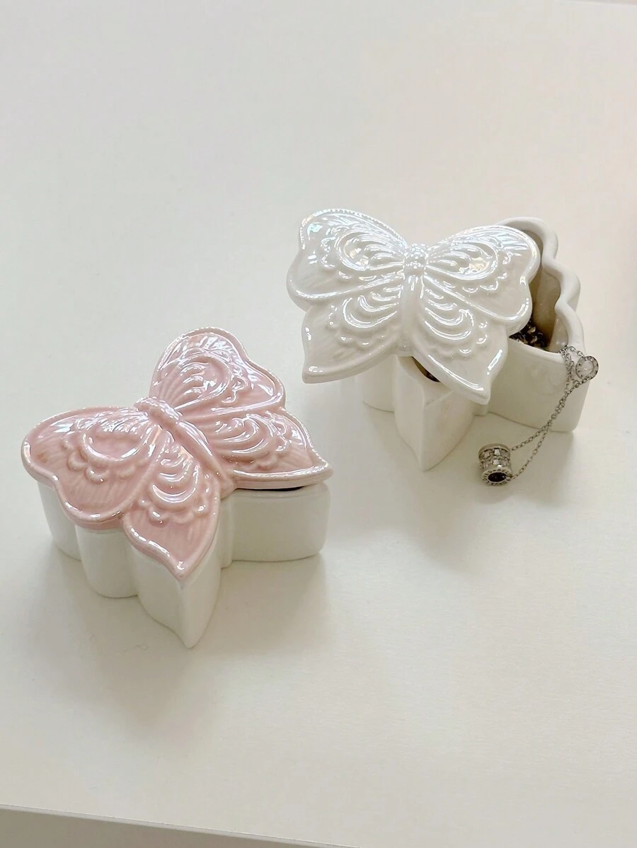1pc Ceramic Butterfly Jewelry Box, Dreamlike Pearlescent Multifunctional Storage Box For Rings, Earrings, Gift For Mom, Wife, Girlfriend