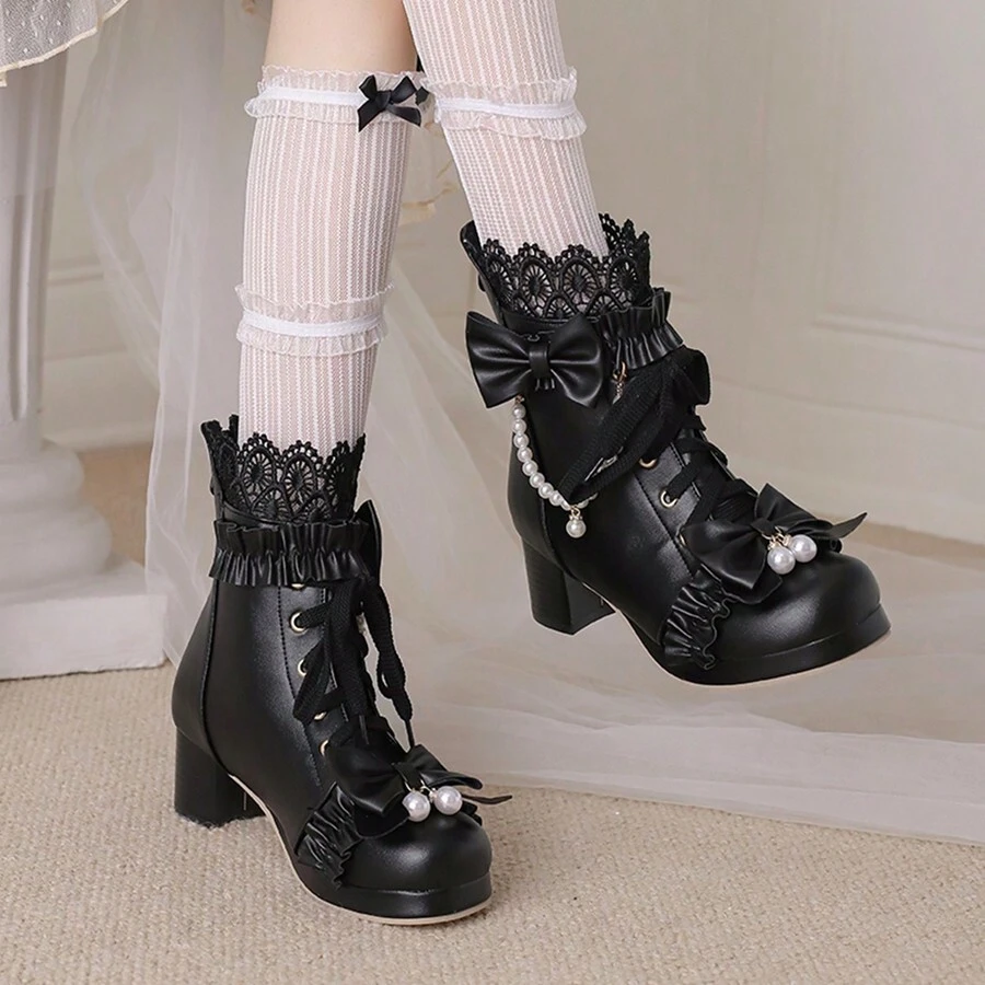 Cute Lolita Style Ankle Boots For Women Chunky Mid Heel Ankle Boots With Bow Back Zip Platform Lace Up Booties With Pearl Short Boots For Wedding Bridal Bridesmaid Dress Party