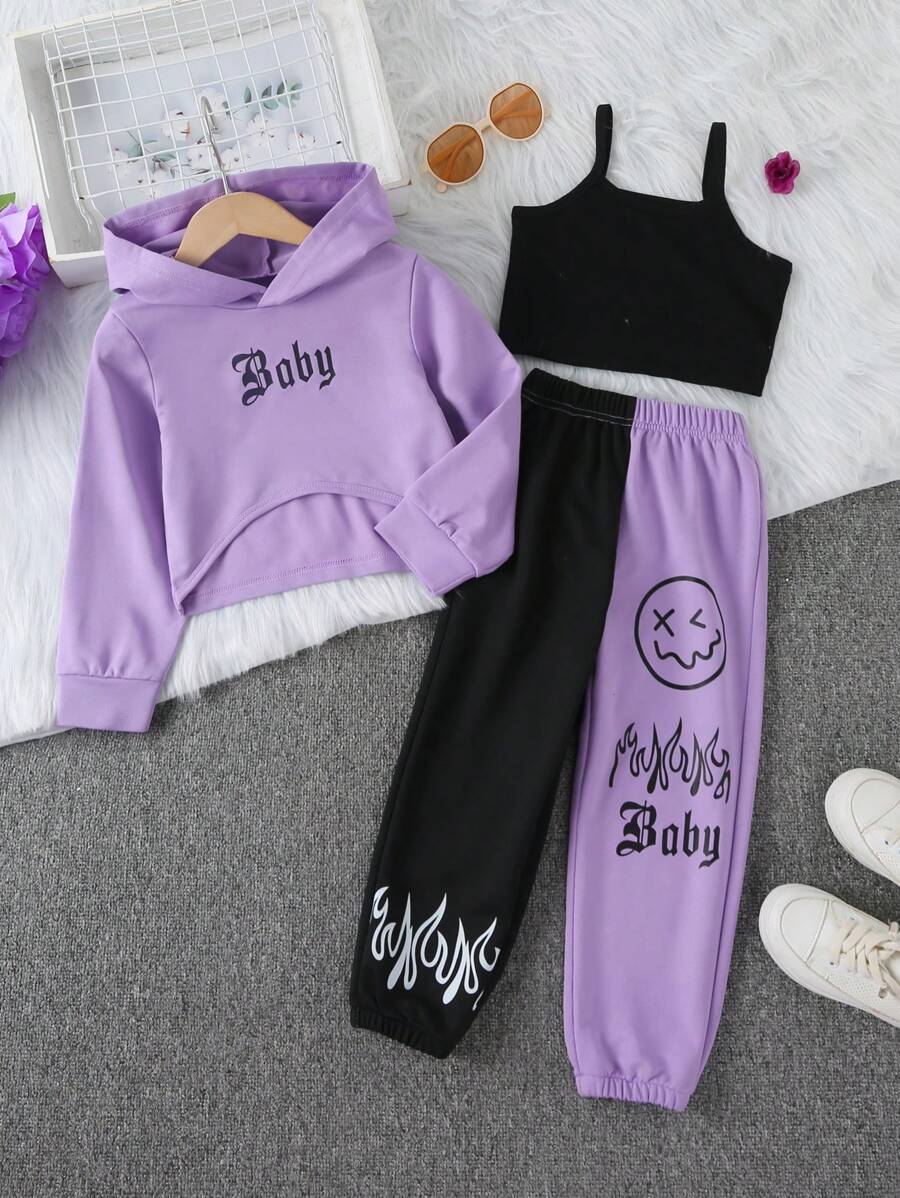 3 pezzi Set casual sportivo quotidiano per ragazze, inclusi: Felpa con cappuccio con stampa a lettere e orlo asimmetrico, pantaloni con vita elastica e stampa colorblock, top canotta monocromatico, per autunno/inverno