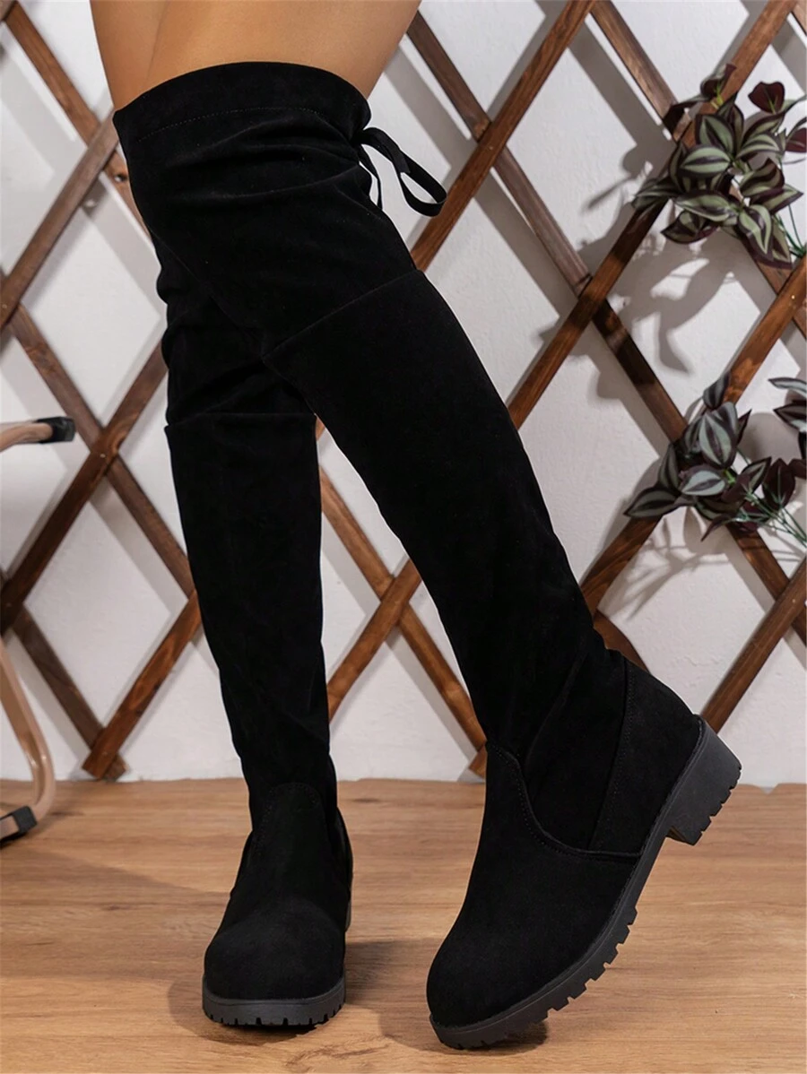Go With Jeans,Women's New High Heel Pointed Toe Thigh High Boots, Black Over-The-Knee, Flat Bottom Boots