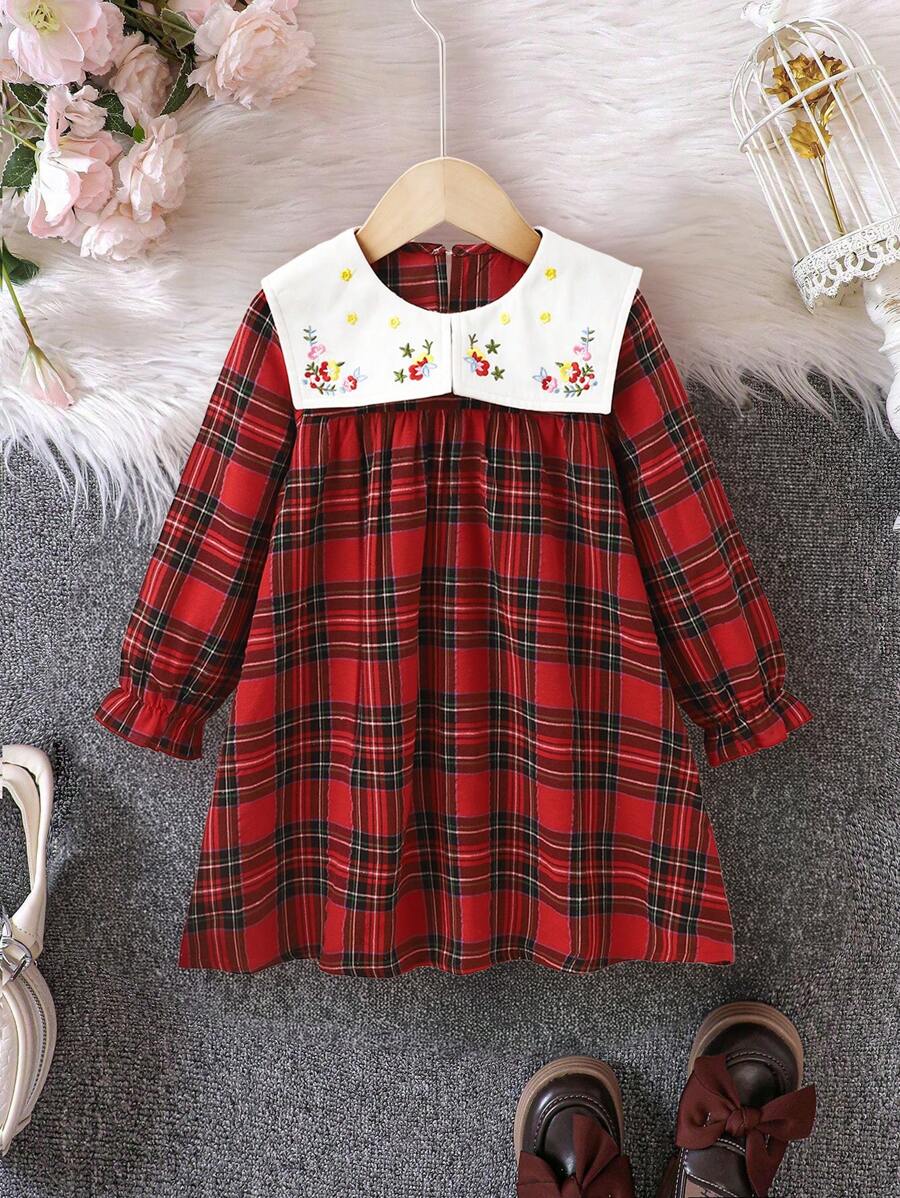 Young Girl Plaid Patchwork Embroidered Dress, Spring & Autumn