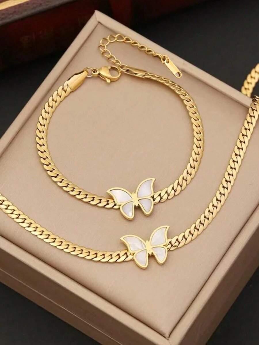 2pcs Set European And American Fashion Niche High-End Elegant Minimalist Metal Twist Clavicle Chain Necklace + Bracelet, White Butterfly Decor Stainless Steel Necklace & Bracelet