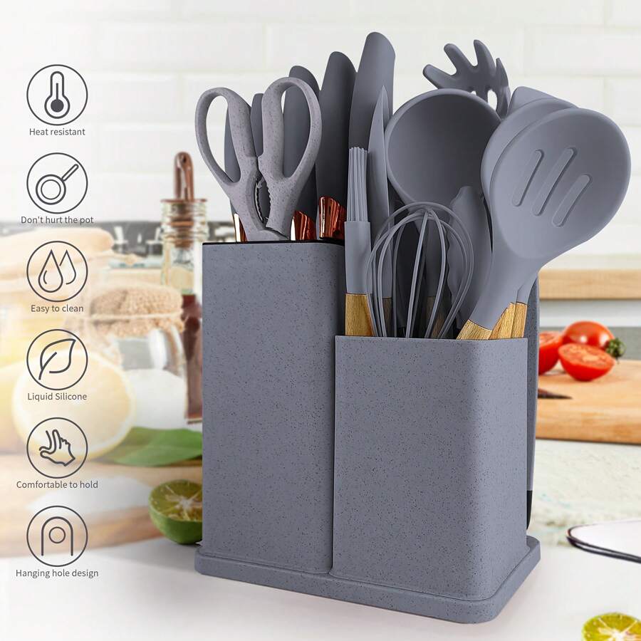 19-Piece Set Of High Quality Silicone Kitchenware Suit With Wooden Handle And Knives-Heat-Resistant, Non-Stick Cooking Tools And Bamboo Storage Containers-Perfect Kitchen Gadget For Easy Cooking And Cleaning