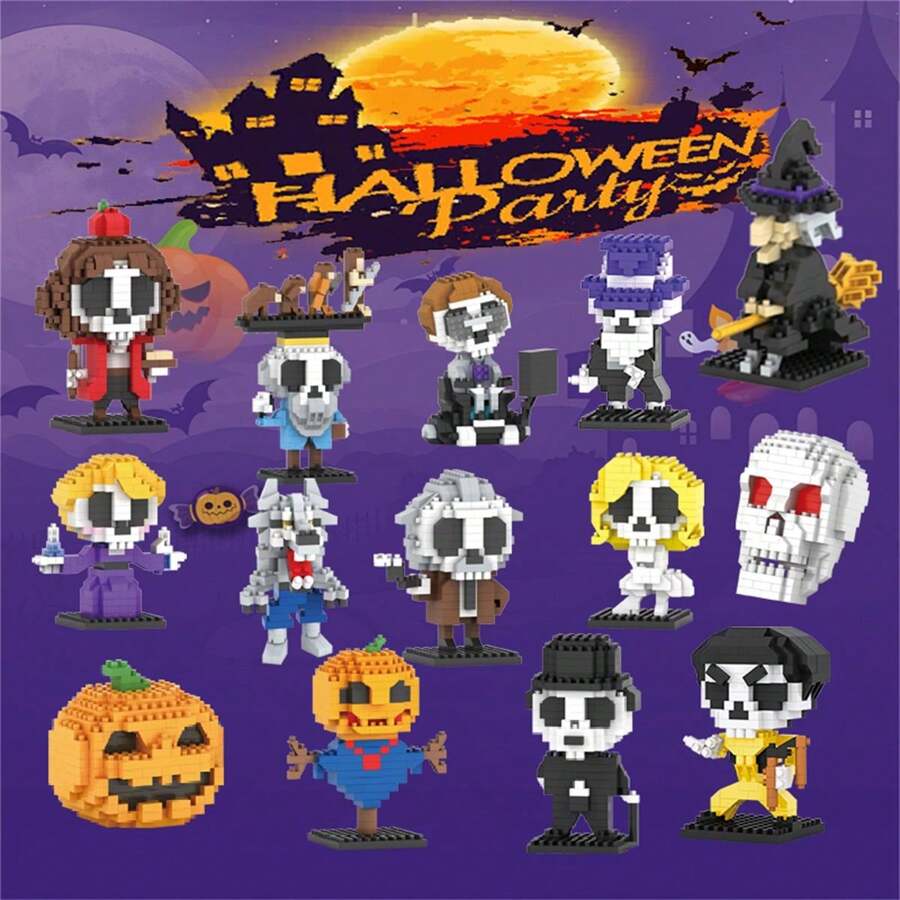 Nano Bausteine Kürbiskopf Hexe Vogelscheuche Schädel Halloween Bausteine, DIY Handgefertigt Zusammenbaumodell, süße Blöcke, Neujahrgeschenk