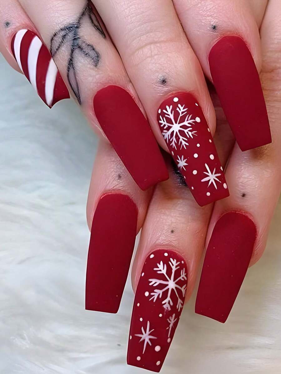 24pcs Long Nails Coffin Shaped Red False Nails, Elegant Christmas Nails Kit Set With Solid Color Snowflake Stripe Design, Suitable For Party, Ball And Daily Wear