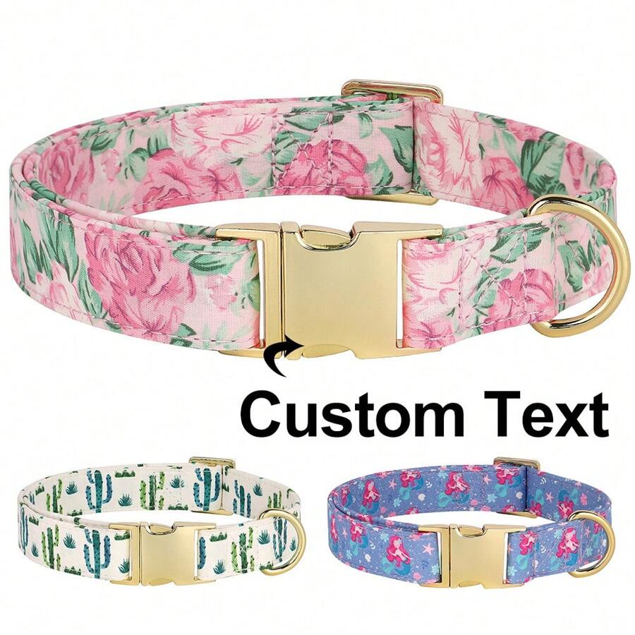 Customized Printed Cactus & Dog Engraved Nylon Personalized Pet Collar, Adjustable & Anti-Lost