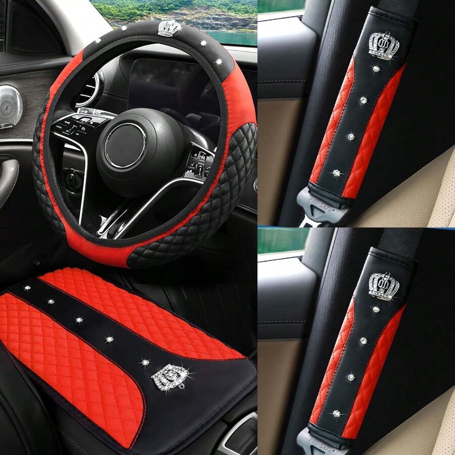 4pcs Shiny Rhinestone Crown Design Steering Wheel Cover, Armrest Pad, Shoulder Pads