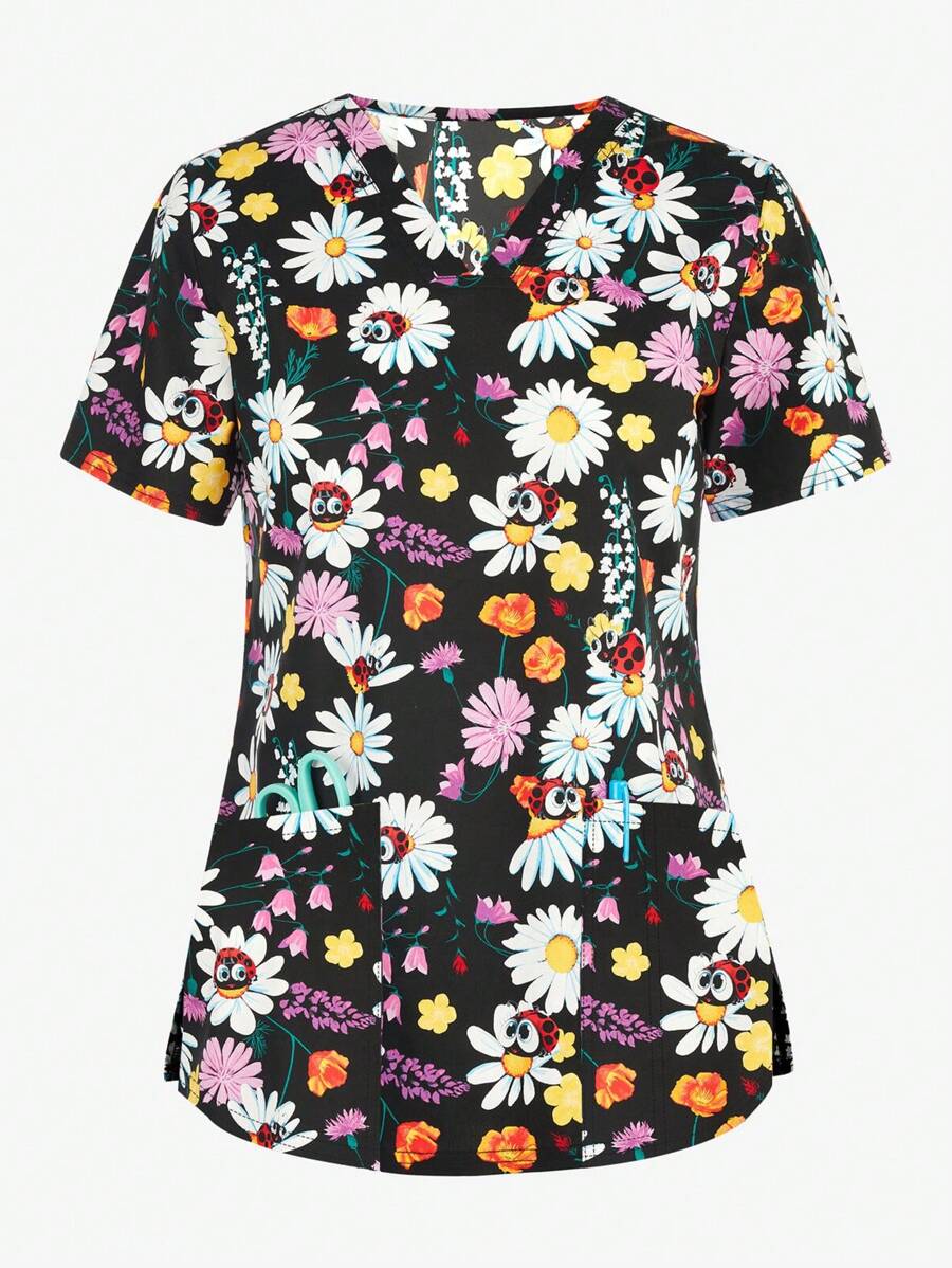 Woman Digital Print Stretchy Nursing Uniform Scrubs Washable Pocket Breathable Scrub Top