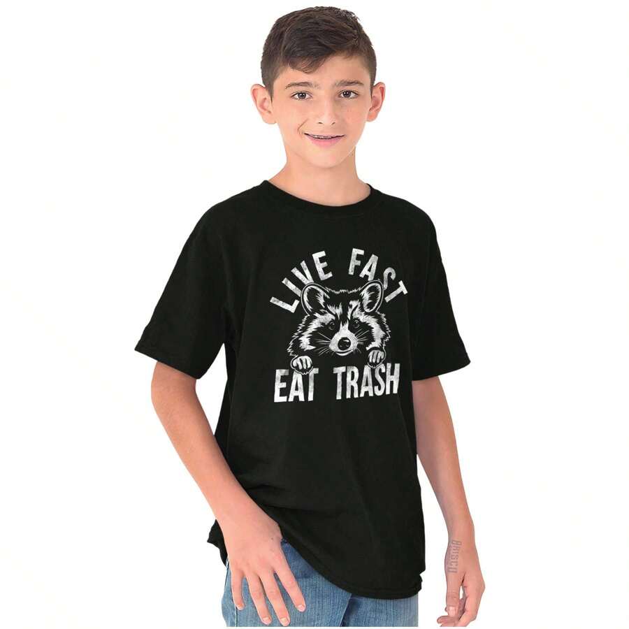 Tween Boy Animal Graphic Tee Shirt Pun Funny Raccoon Joke Live Fast Eat Trash Panda Sarcastic Humor Casual Everyday Cotton Printed Short Sleeve Crewneck Tshirt Kids Clothes Brisco Brands