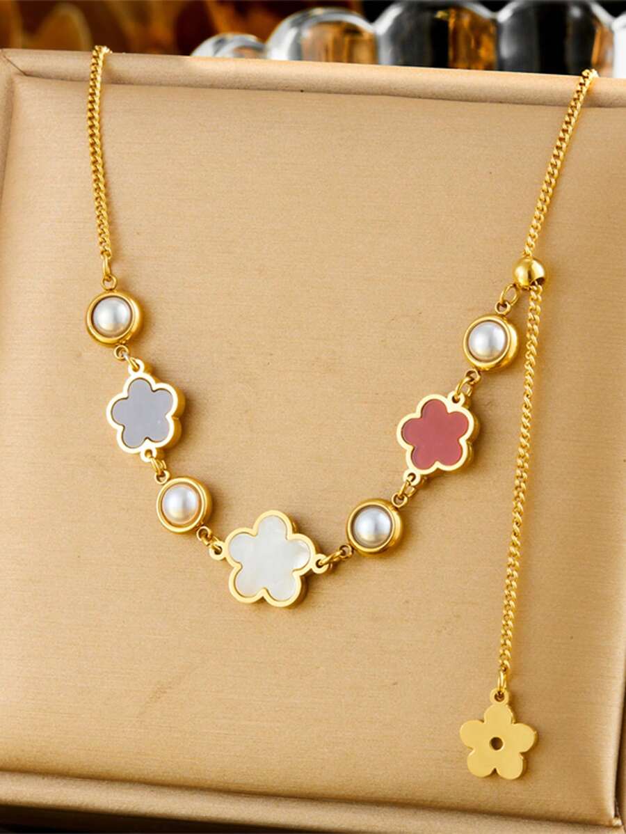 1 Stück goldfarbene bunte Blumen-Charm-Kette mit Quasten-Anhänger Halskette, Edelstahl Valentinstag, Muttertag, Geschenk für Mutter