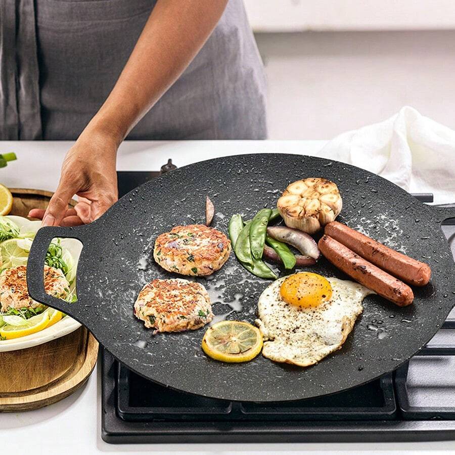 1pc Korean BBQ Grill Non-Stick Grill Plate, 13 Inches Round Outdoor Camping BBQ Plate, Can Be Used For Both Home And Outdoor Stoves
