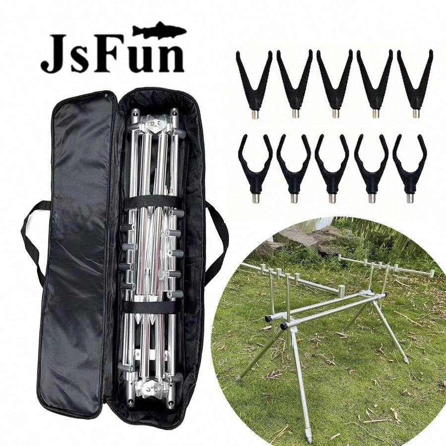 Aluminum Alloy Fishing Rod Tripod, Foldable Carp Fishing Bivvy Pole Rest, Includes 1 Tripod, 10 U/V Rest Heads, 1 Case