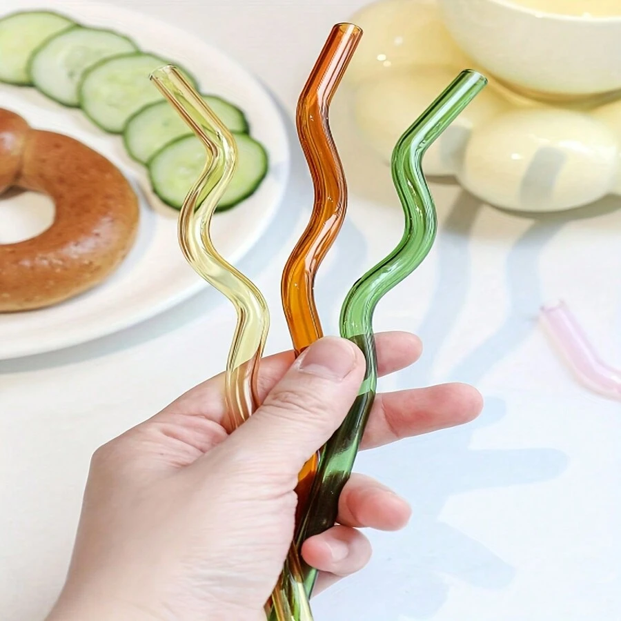 3pz/5pz/10pz/20pz Nuove cannucce in vetro trasparente dal design creativo e alla moda, in stile giapponese. Cannucce in vetro resistenti alle alte temperature, colorate, ideali per succhi, bevande e tè al latte, articoli scolastici