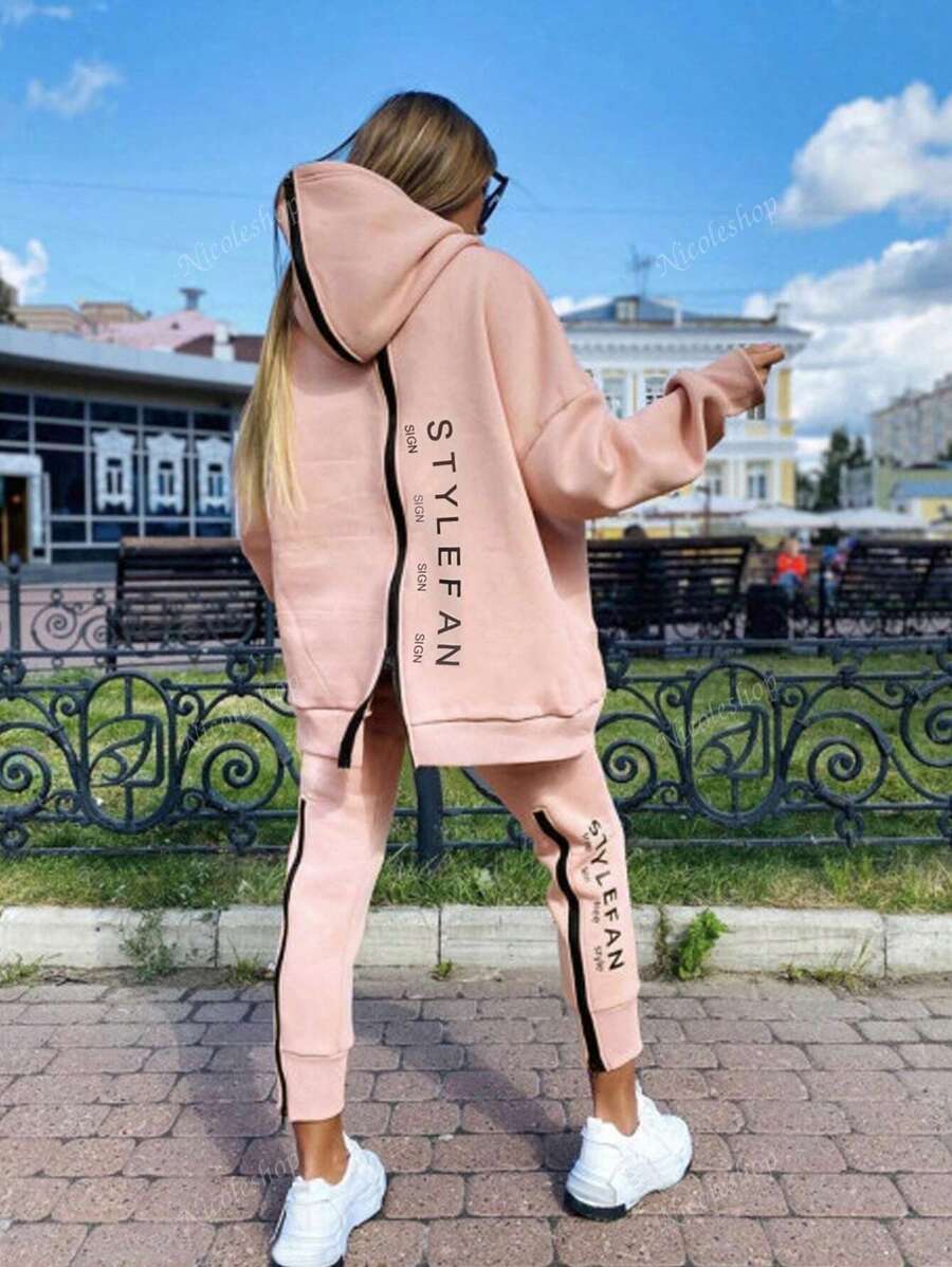 Fashionable Full Zip Front & Back Letter Print Loose Fit Long Women's Tracksuit