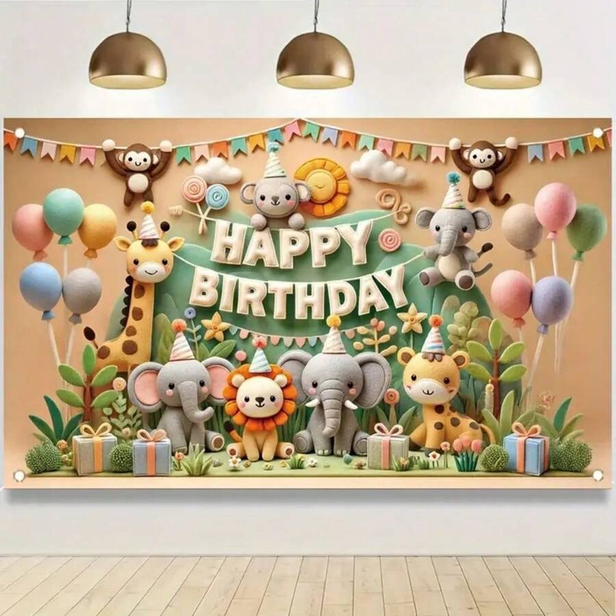 1 Piece Of Happy Birthday Banner With Jungle Animals, Outdoor And Indoor Party Decoration, Festive Forest Animal Theme, No Need For Power, Multifunctional,Christmas