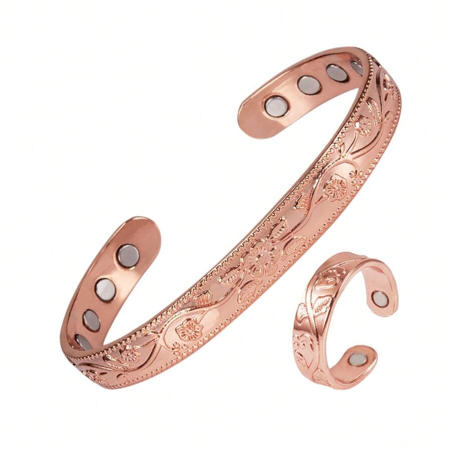 Juego de joyería magnética de cobre puro- Pulsera y anillo ajustables con flor brillante- Salud y energía, artritis, San Valentín, mamá, madre, regalo del Día de la Madre