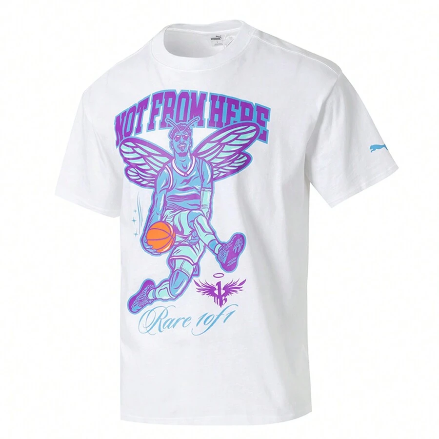 Puma MELO CHARLOTTE TEE White Short Sleeve Men's Basketball Tee, Casual Graphic Print Sportswear / Suggest Order A Size Smaller