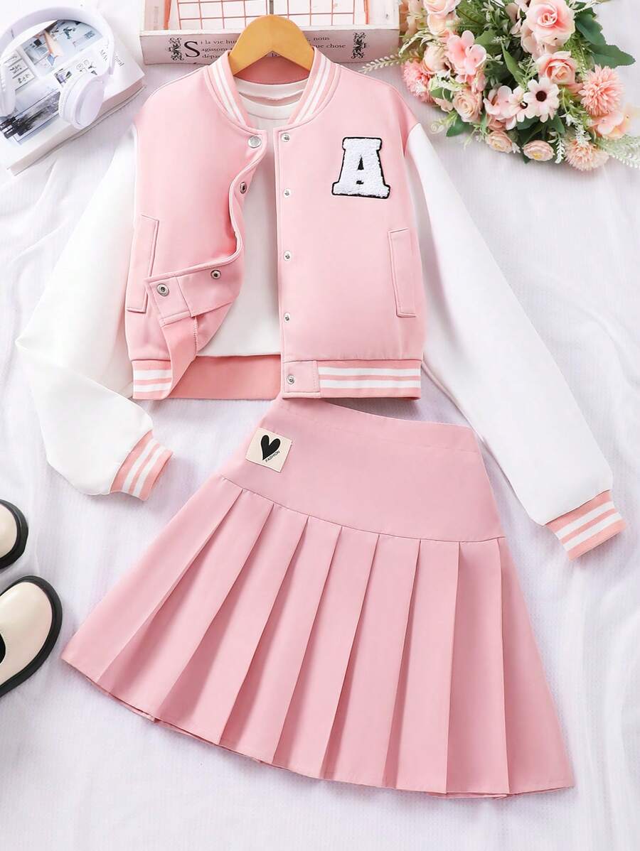 Tween Girl Baseballjack & Geplooide Rok 2-delige Outfit, Schoolstijl