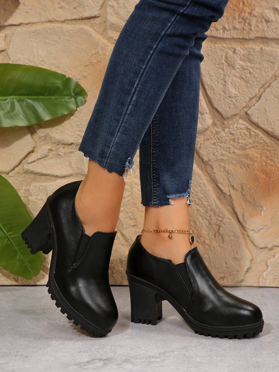 Women's Solid Color High Chunky Heel Short Boots, Black Non-Slip Casual Comfortable Short Boots,Wear With Black Dress