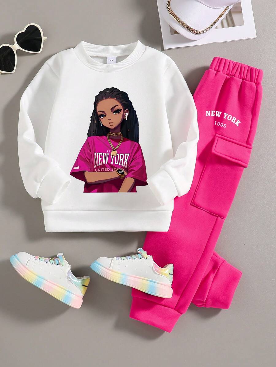 Conjunto de sudadera cuello redondo y pantalón de chándal con estampado de dibujos animados para niñas