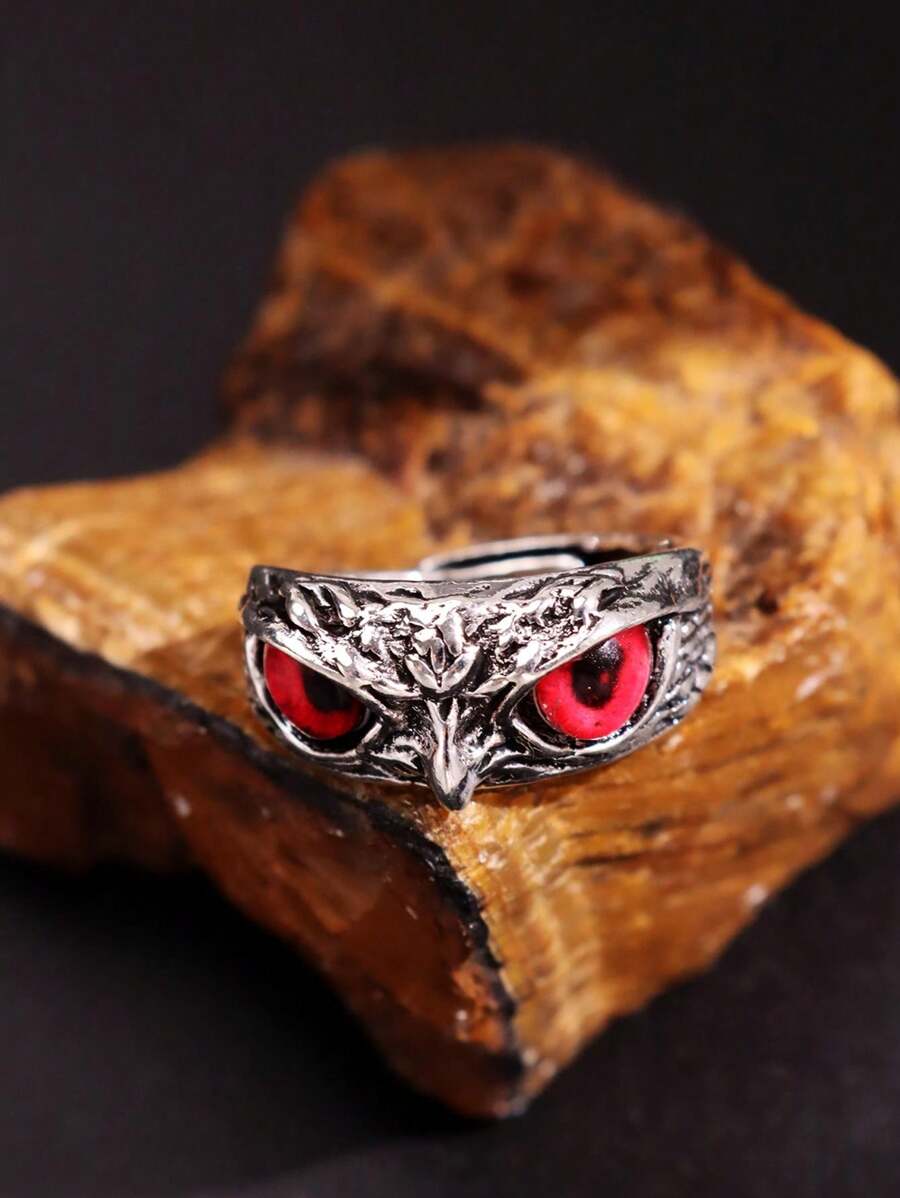 1 pieza Anillo abierto con forma de búho de estilo retro punk en tono plateado, joyería para hombres