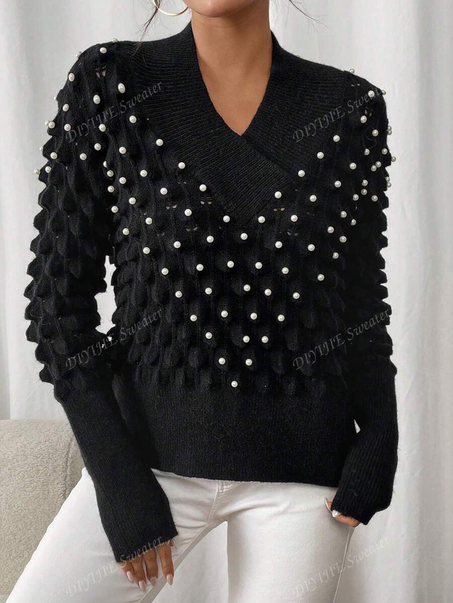Pulover elegant, cu decolteu în V, cu mânecă lungă, cu împânzire, cu design texturat