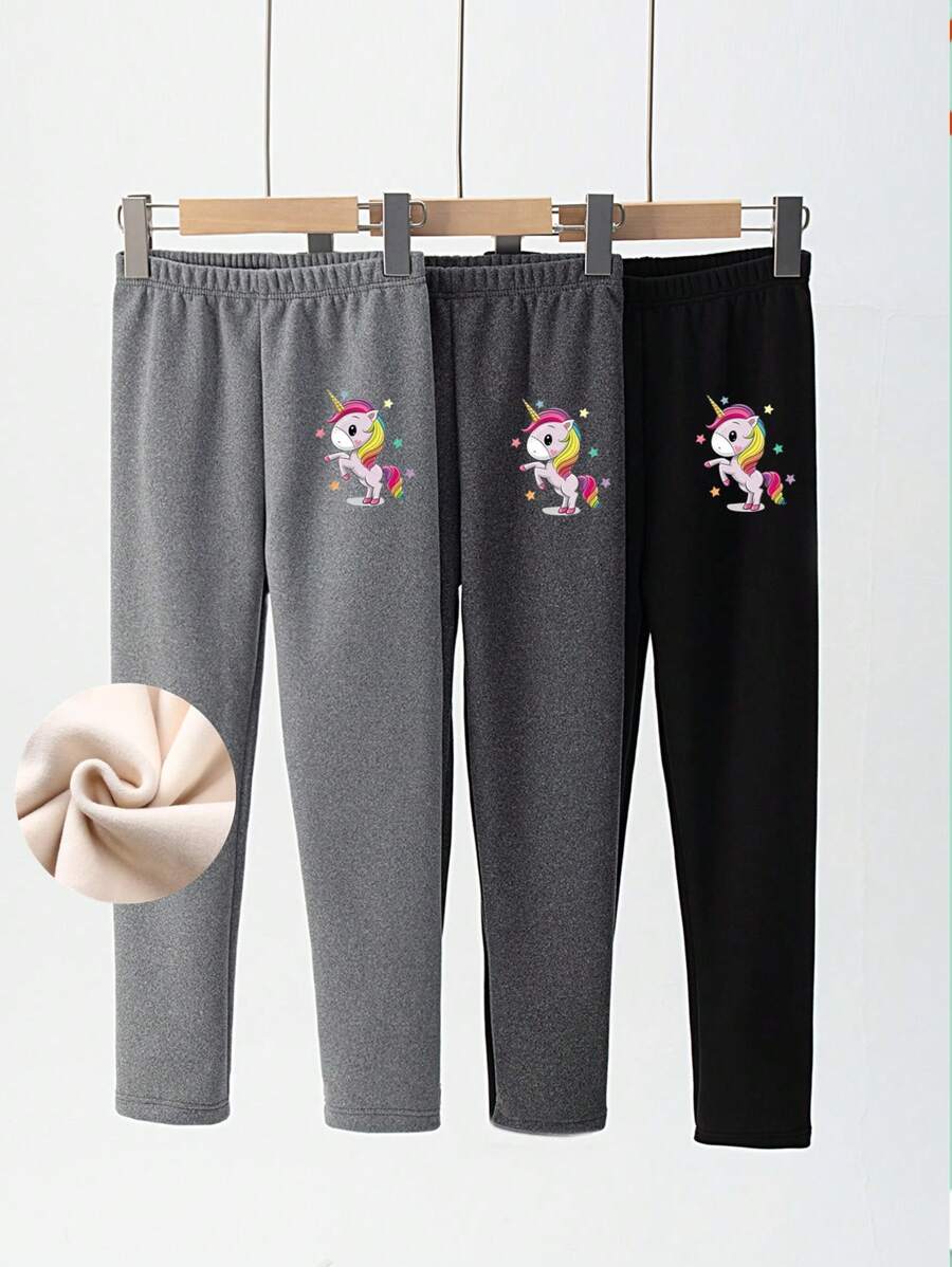 3pcs/Pack Young Girls Thermal Lined Warm Leggings With Cute Unicorn Print