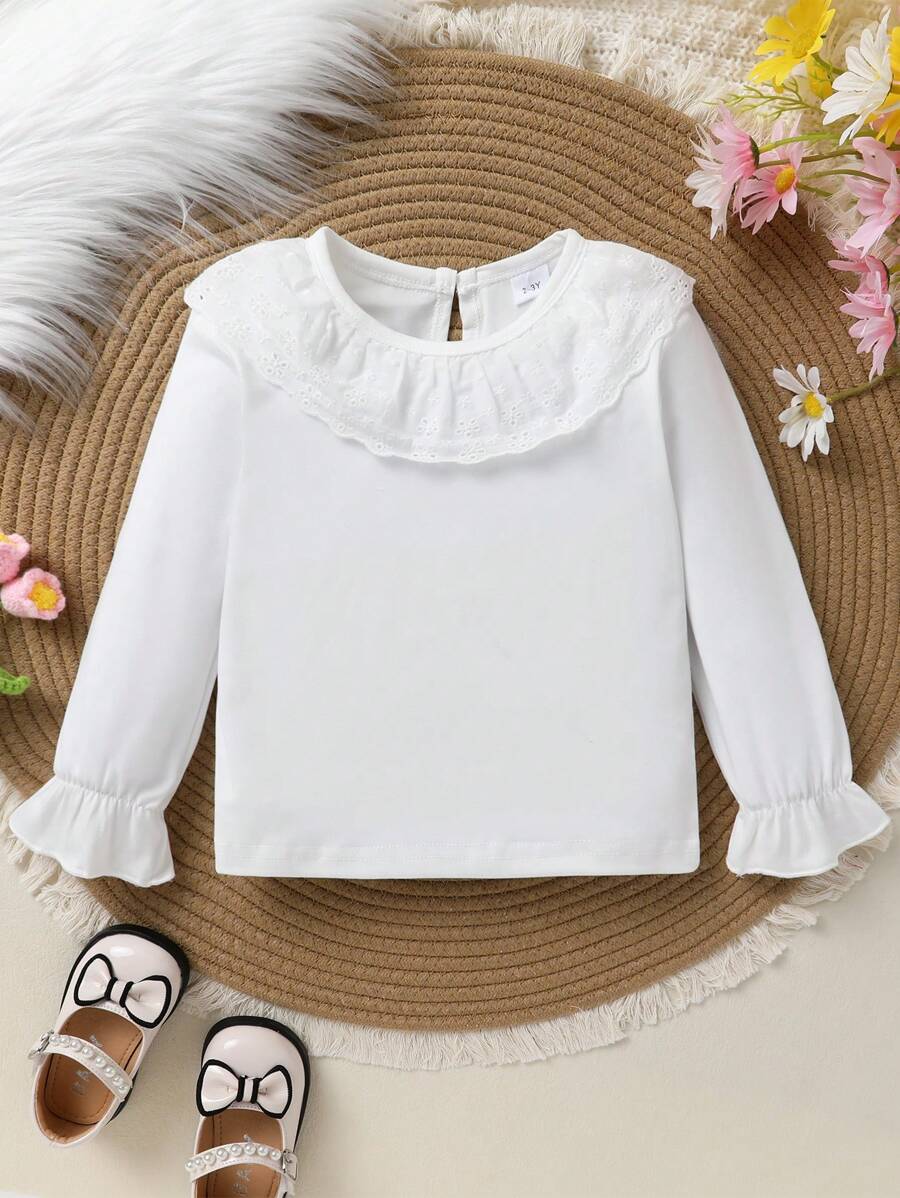 Young Girl Sweet And Cute Lace Edge Collar Solid Color T-Shirt , Soft, Comfortable, Breathable And Casual