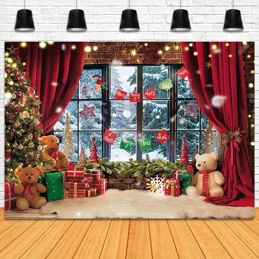 1pc, Kerst Fotografie Achtergrond Winter Kerst Raam Open Haard Decoratie Achtergrond Kerstfeest Banner Decoraties Foto Achtergronden Kerst Fotohokje Rekwisieten Achtergrond, Kerst