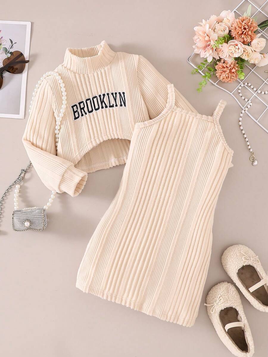 Young Girls 2pcs Set: Turtleneck Letter Embroidery Cropped Fuzzy Ribbed Long Sleeve Top + Solid Elegant Spaghetti Strap Fuzzy Ribbed Dress, Autumn/Spring