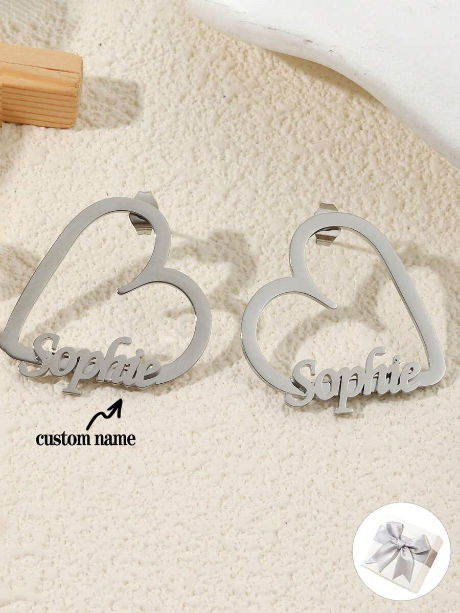 1 Pair Customized Heart-Shaped Name Earrings, Personalized Name Earrings, Stainless Steel Daily Wear Customized Name Earring, Valentine's Day Gift, Bridesmaid Gift, Christmas Gift, Mother's Day Gift, Anniversary Gift, Party Gift, Gift For Her