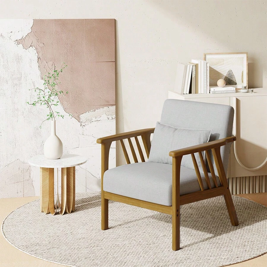 Nalupatio Mid-Century Modern Accent Chair With Solid Wood Frame, Upholstered Wood Reading Arm Chair With Waist Pillow & Soft Cushion, Lounge Chair For Living Room, Bedroom, Balcony