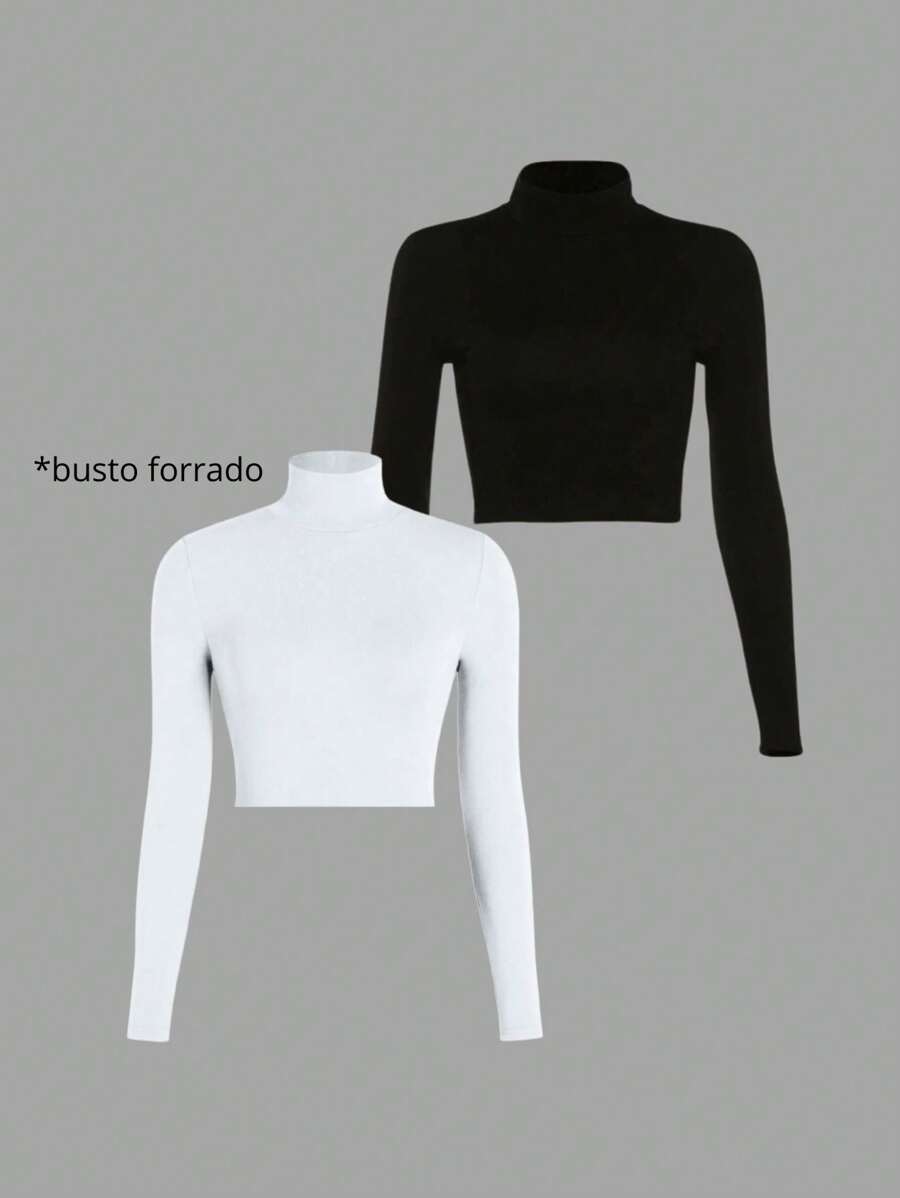 Duas Blusas Cropped Gola Alta e Manga Longa