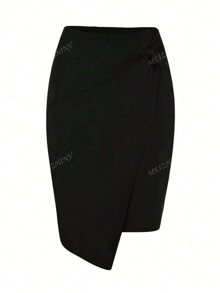 Ladies Suede Tie-Wrap High-Waisted Bodycon, Black Skirt, Business Casual Pencil, Black Skirt