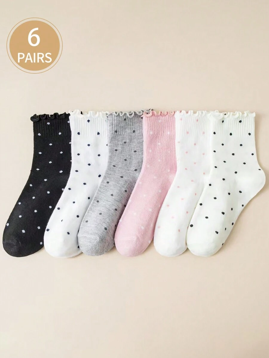 6pairs Ruffle Edge Polka Dot Cute Student White Sport Cuff Socks, Autumn/Winter