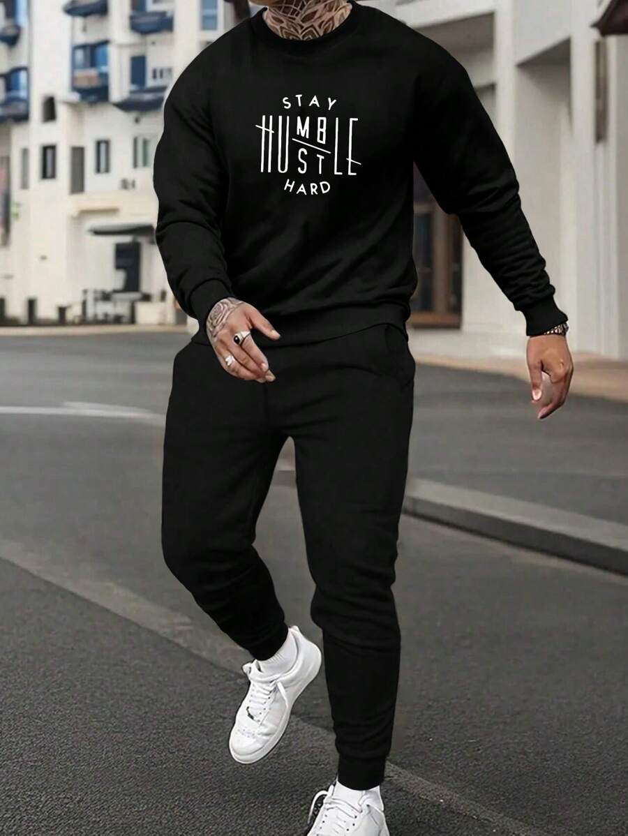 2 peças Conjunto de Moletom Casual com Estampa de Letra e Calça com Cordão na Cintura para Homens, Outono