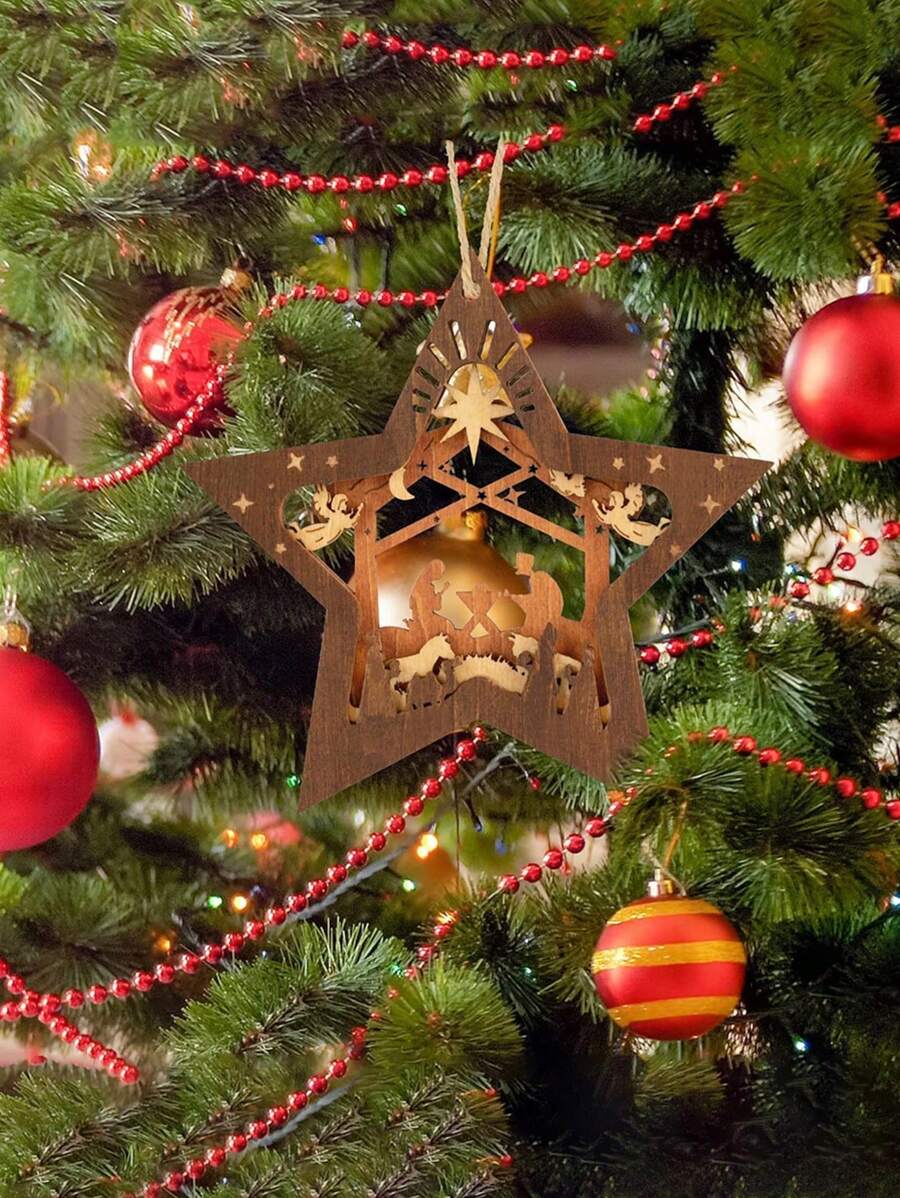 1 pièce Pendentif Scène de Crèche, Étoile en Bois de Forme Créative Nouvelle Décoration, Étoile de Sapin de Noël Scène de Noël Souvenir, Cadeau pour la Famille, les Amis et les Chrétiens, Décoration de Maison, Décoration de Chambre, Décoration Murale