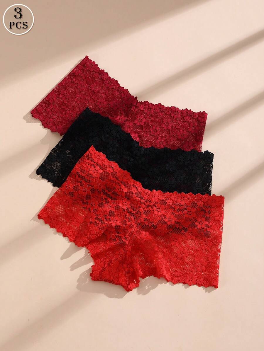 3 Pcs Sexy Women's Lace Comfortable And Breathable Boyshorts Lingerie