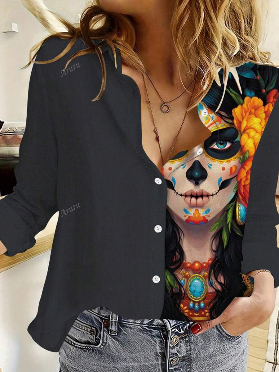 2024 Halloween Nieuwe Aankomst Digitale Print Lange Mouw Shirt