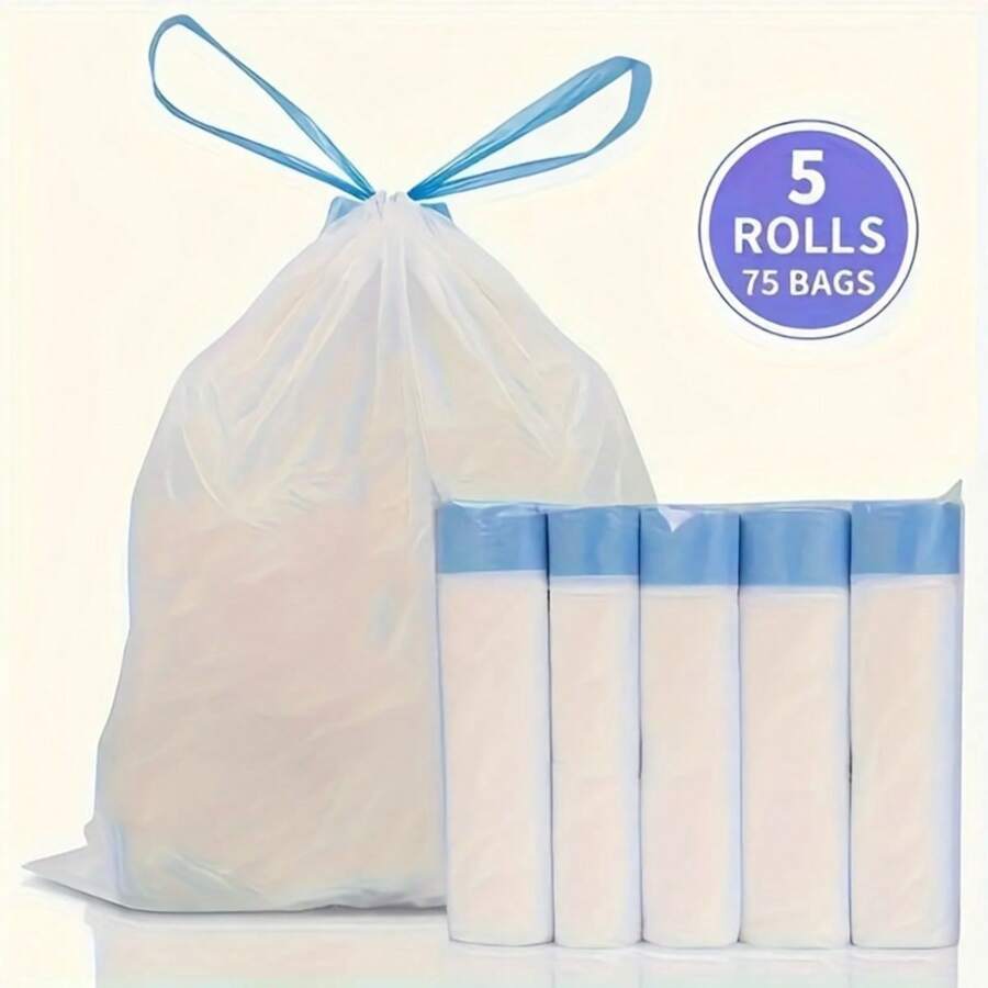 5 rolek jednorazowych worków na śmieci, opakowanie 75 sztuk, worki na śmieci ze ściągaczem, objętość maksymalnej długości produktu po zapakowaniu nie powinna przekraczać 23,62 cala, narzędzia czyszczące na przyjęcia świąteczne, do kuchni, toalety, sypialni...