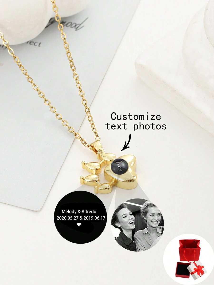 Collier personnalisé, collier pendant avec patte de chat mignon, collier à projection "Je t'aime" en 100 langues, collier personnalisable avec photo noir et blanc gravée comme dans les films pour petite amie, maman, meilleure amie, pour un port quotidien