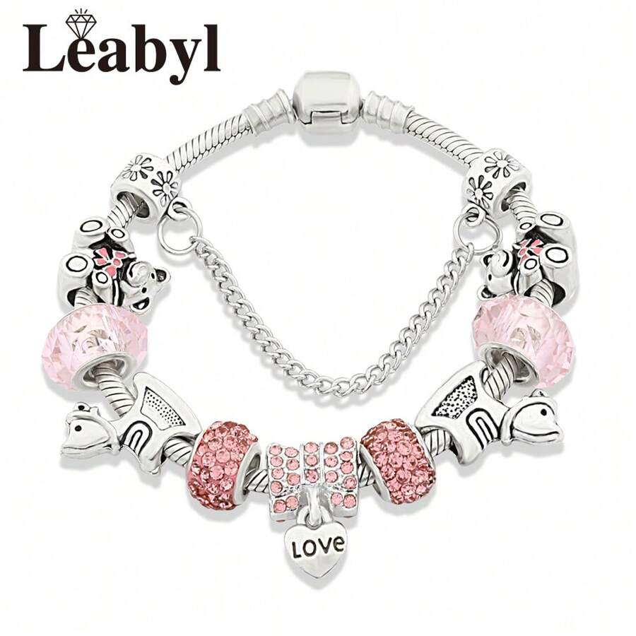 Pulseira de pingente de coração de cristal rosa, com contas de cavalo e urso em tom prateado, presente de joia feminina